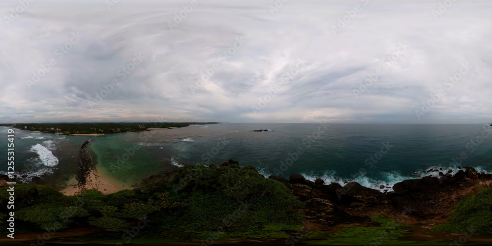Aerial view of Tropical island and sea surf. Ahangama beach. 360 panorama VR. Aerial view of Tropical island and sea surf. Ahangama beach. 360 panorama VR.