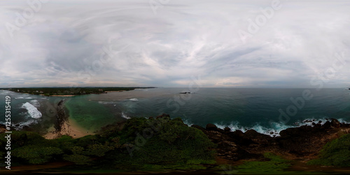 Aerial view of Tropical island and sea surf. Ahangama beach. 360 panorama VR. photo