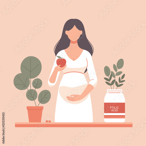 Nutrition and vitamins during pregnancy concept. Pregnant woman. Diet during pregnancy. Food for a pregnant woman. Vector illustration isolated on background.