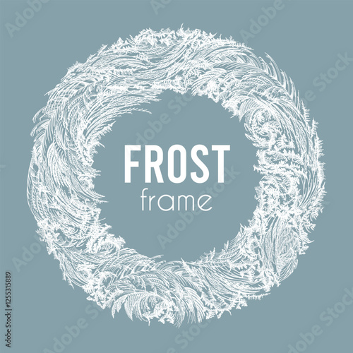 Frosted round frame with intricate ice patterns, clear lines, detailed textures. White icy wreath with detailed frost feathers on blue background. Winter abstract circle with delicate frozen elements.