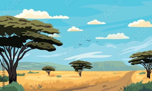 Cartoon savannah landscape. African safari adventure. Vector banner. Explore expedition trip. Nature panorama.