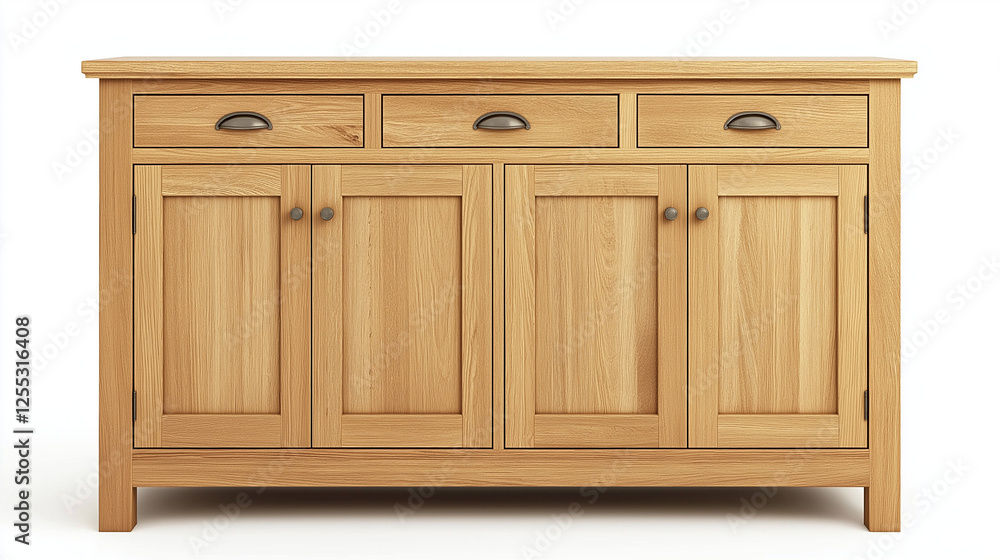 Fototapeta premium wooden sideboard featuring closed cabinets , minimalist design. Ideal for modern living spaces, combining functionality with contemporary style. Isolated on white background