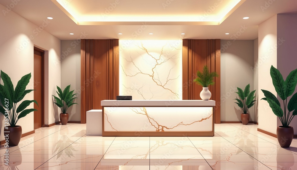 Contemporary hotel reception desk in elegant lobby design, hospitality Contemporary hotel reception desk in elegant lobby design, hospitality