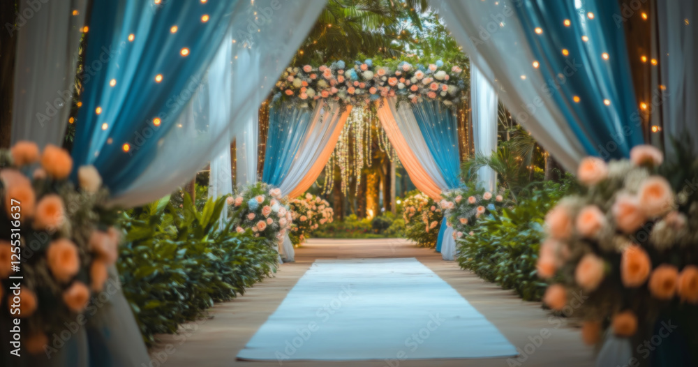 Fototapeta premium Pastel blue and white wedding drapery with peach flowers decorates an outdoor venue. A grand walkway, lush greenery, and fairy lights create a dreamy, romantic wedding setting.