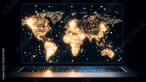 Global Connectivity on Laptop Screen World Map Data Visualization Network Technology Era