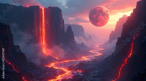 A canyon filled planet with lava waterfalls and floating rocks