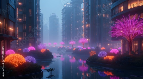A futuristic city powered by bio-luminescent plants