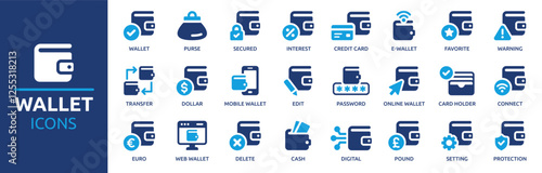 Wallet icon set. Containing e-wallet, purse, dollar, secured, protection, cardholder, credit card, cash and more. Solid vector icons collection.