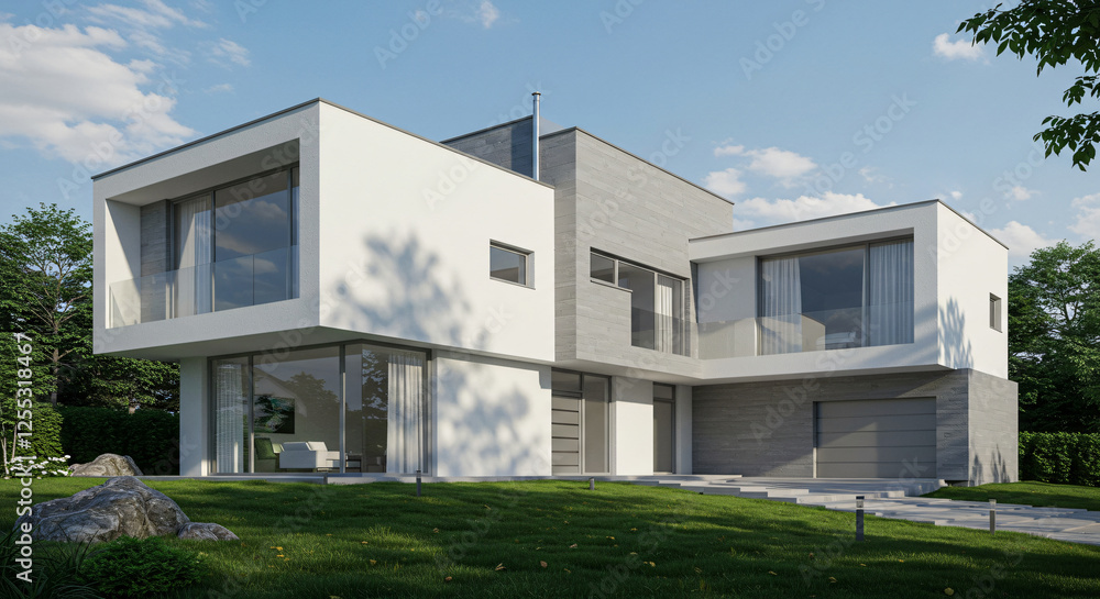 Modern two-story house with a sleek white and gray facade, large glass windows, balcony, minimalist design, and landscaped greenery under a clear blue sky. Modern two-story house with a sleek white and gray facade, large glass windows, balcony, minimalist design, and landscaped greenery under a clear blue sky.