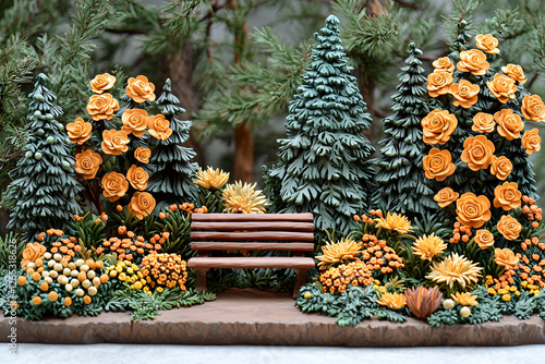 Miniature park scene with a wooden bench, stylized trees, and orange roses in bloom.. photo