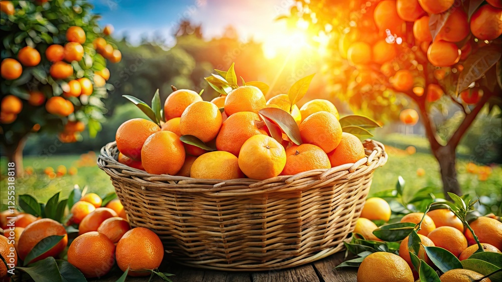 Sun-drenched orchard: a high-angle shot reveals a brimming straw basket of fresh, organic oranges. Sun-drenched orchard: a high-angle shot reveals a brimming straw basket of fresh, organic oranges.