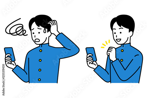 スマートフォンを操作する男子学生のセット　（難しい/簡単）