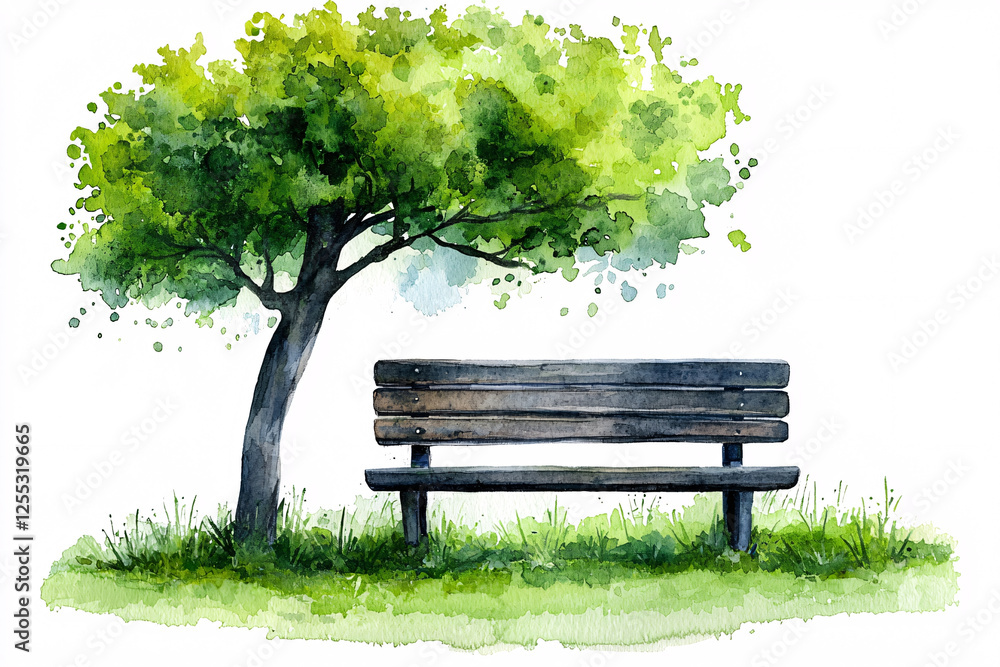 Watercolor painting of a park bench nestled beneath a lush green tree, surrounded by grass.. Watercolor painting of a park bench nestled beneath a lush green tree, surrounded by grass..
