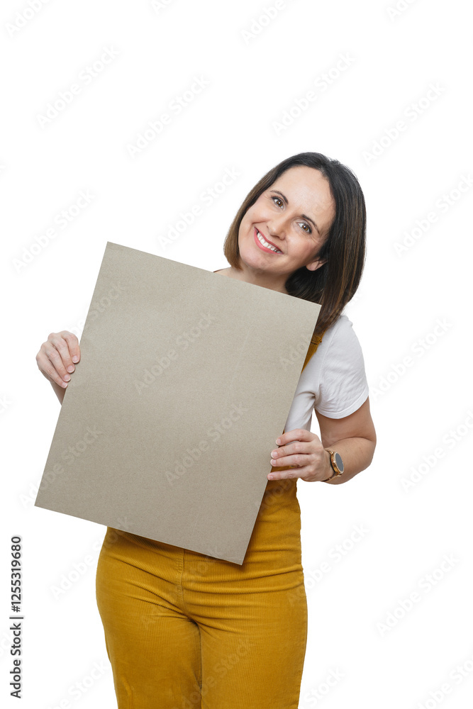 Smiling woman in yellow jumpsuit holds sign ready for text in a bright setting