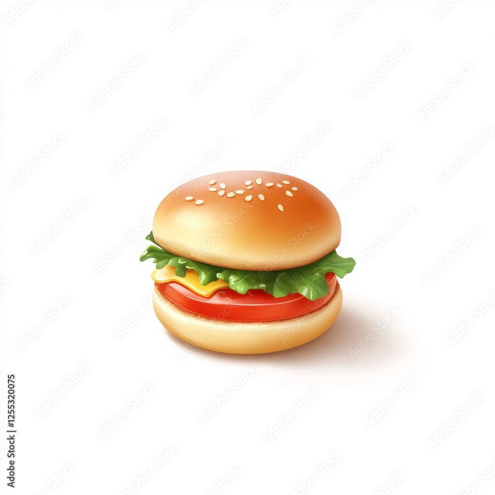 tiny slider burger with lettuce, tomato, and cheese on sesame seed bun, isolated on white background tiny slider burger with lettuce, tomato, and cheese on sesame seed bun, isolated on white background