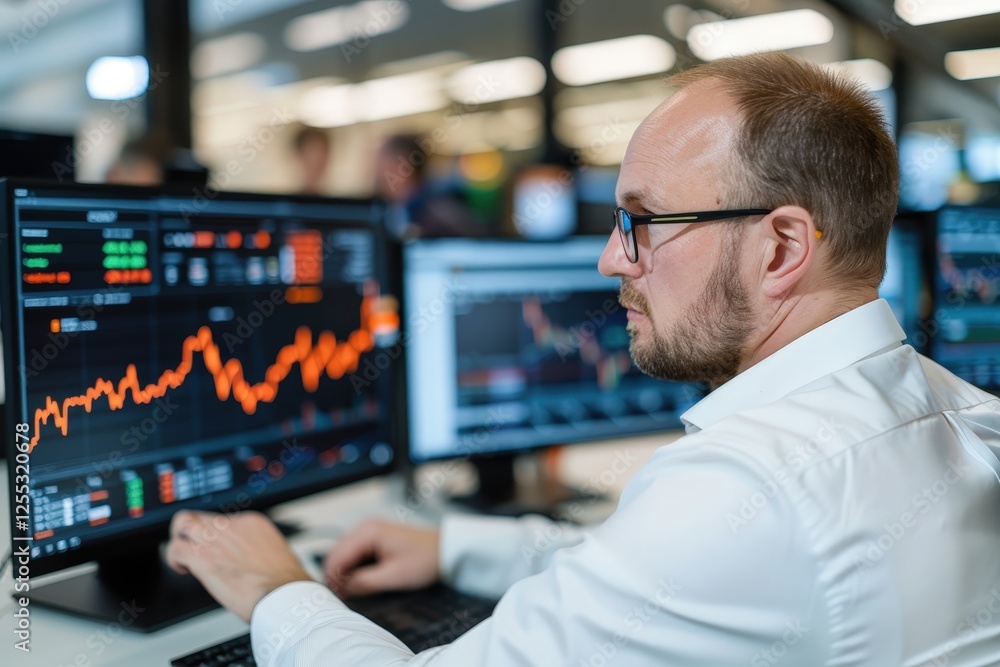 Focused male analyst reviewing financial charts and data on multiple computer screens in a modern office setting Focused male analyst reviewing financial charts and data on multiple computer screens in a modern office setting
