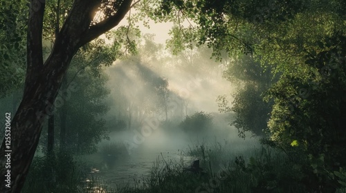Enchanting misty forest landscape with sunlight streaming through the trees