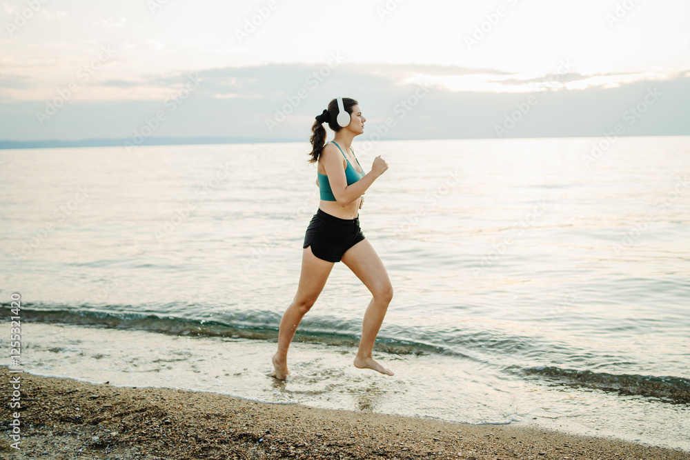 Young woman running or jogging on the beach at sunset
Young woman running or jogging on the beach at sunset