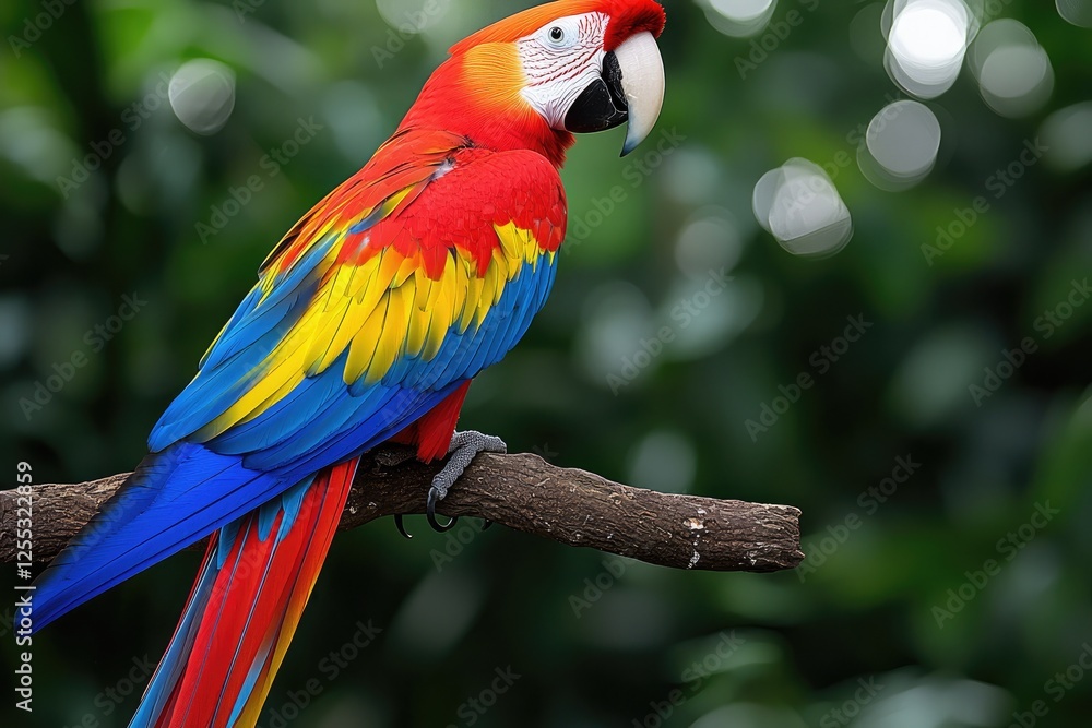 Scarlet Macaw Perched on a Branch in Lush Green Foliage Scarlet Macaw Perched on a Branch in Lush Green Foliage