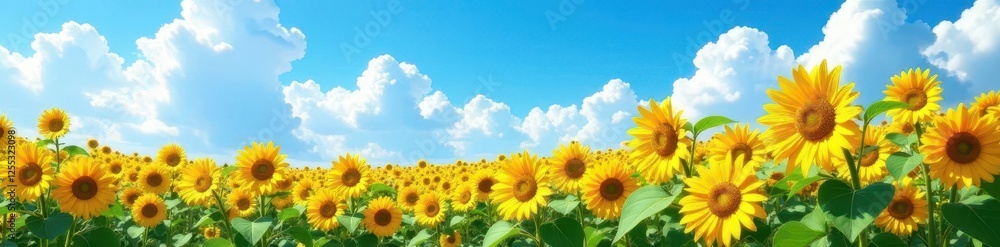 Golden sunflowers sway gently in a breathtaking blue sky canvas filled with puffy cumulus clouds , sky, serenity Golden sunflowers sway gently in a breathtaking blue sky canvas filled with puffy cumulus clouds , sky, serenity