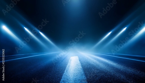  Blue dark background of empty foggy street with wet asphalt