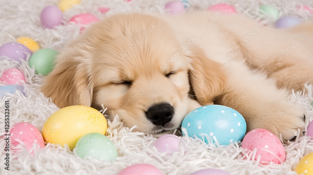 Sleepy Golden Retriever Puppy Surrounded by Colorful Easter Eggs on White Fluffy Blanket