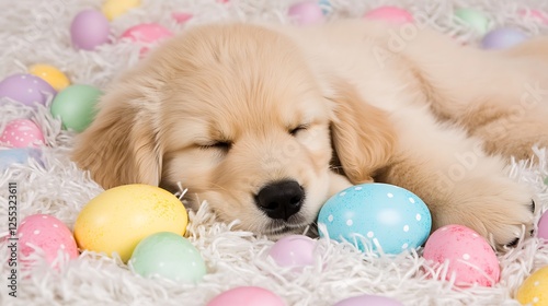 Obraz na płótnie Sleepy Golden Retriever Puppy Surrounded by Colorful Easter Eggs on White Fluffy Blanket w salonie