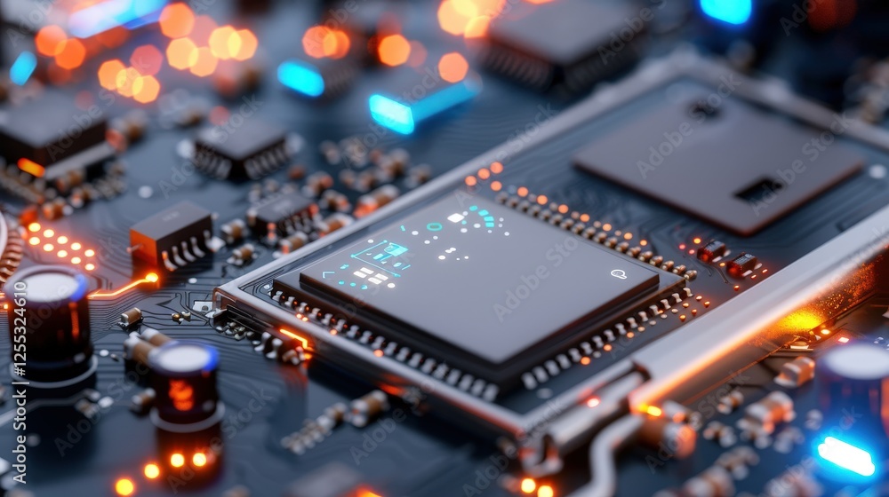 Fototapeta premium Close-up of a High-Tech Microchip on a Circuit Board with Glowing Lights and Electronic Components