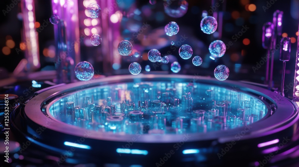 Close-Up of Holographic Qubits Floating in Futurist Close-Up of Holographic Qubits Floating in Futurist