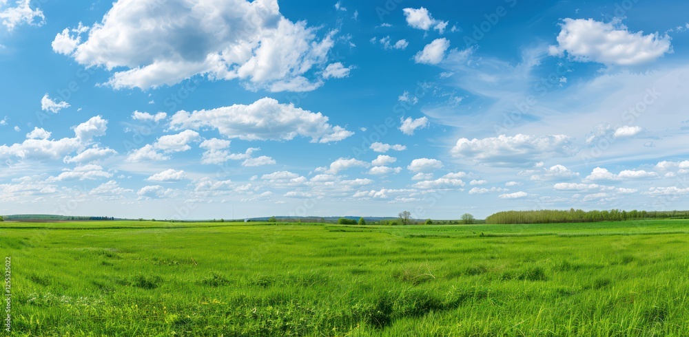 Obraz premium endless green field with young grass and blue sky with white clouds meadow blue sky cloud springtime or summer atmosphere