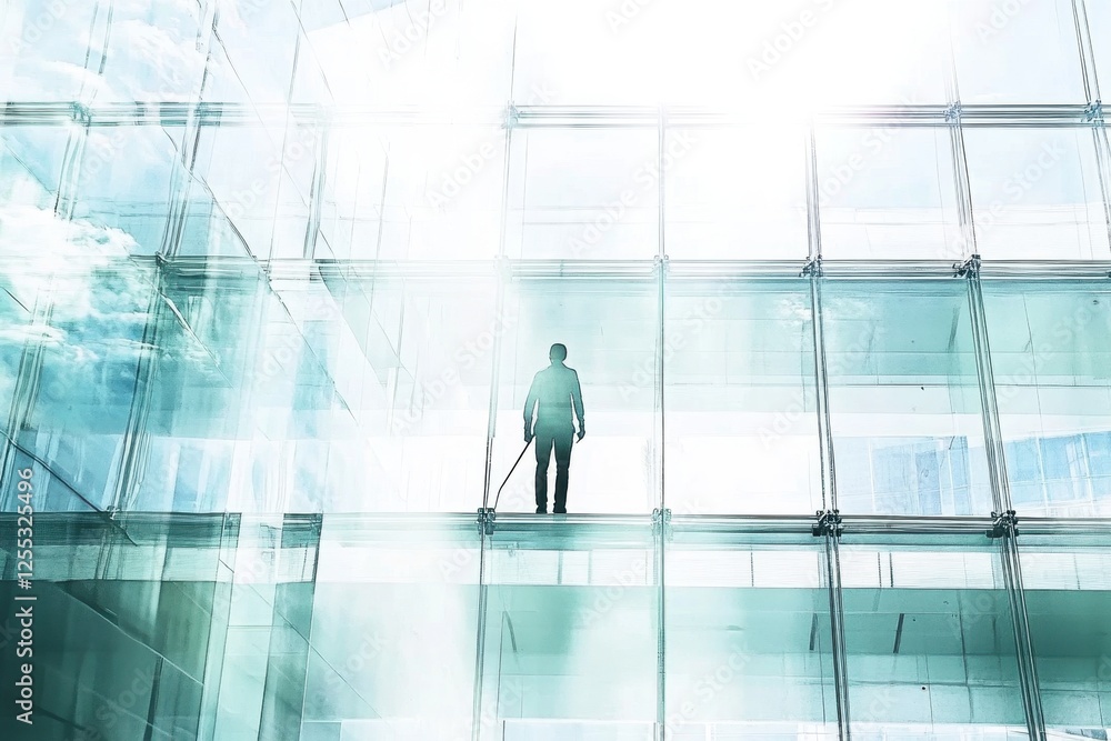 Fototapeta premium Person Standing in Modern Glass Building with Bright Light
