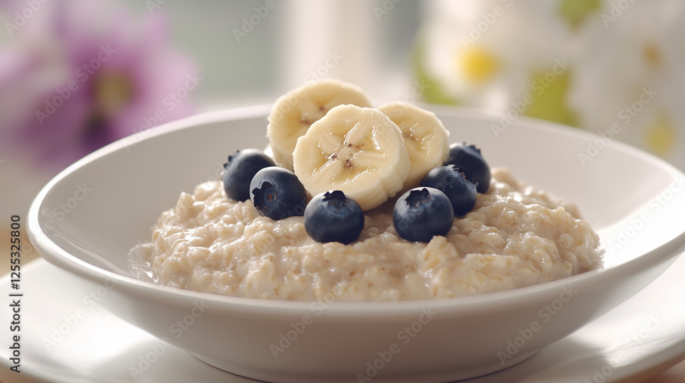 Oatmeal topped with banana slices and blueberries in a white bowl Oatmeal topped with banana slices and blueberries in a white bowl