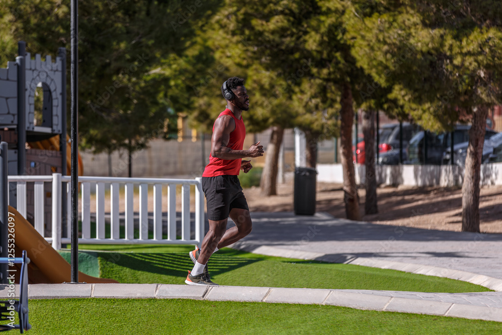 African-American man jogs through a public park while enjoying sports and outdoor activities in the afternoon sunlight