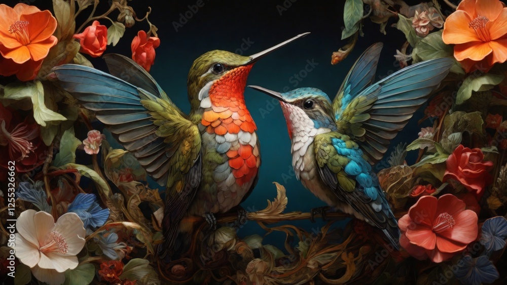 Obraz premium The world of hummingbirds mysterious birds with beautiful wild flowers