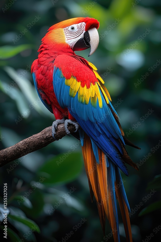 Obraz premium Scarlet Macaw Perched on Branch Amidst Lush Greenery