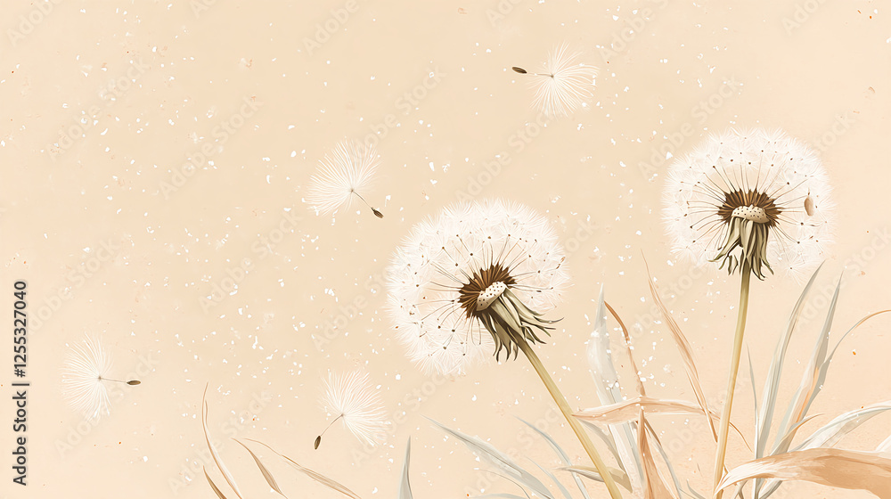 Fototapeta premium Beautiful dandelions with floating seeds on a beige background, in pastel colors, with a bokeh effect, and ample copy space, vector illustration, highly detailed and realistic, high resolution, 