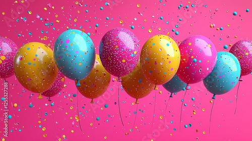 Colorful balloons with confetti against a vibrant pink background, celebrating joy photo