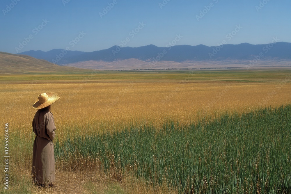 Woman in Wide-Brimmed Hat Stands Before Golden Wheat Fields Woman in Wide-Brimmed Hat Stands Before Golden Wheat Fields