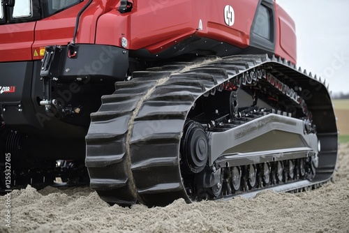 Close-Up View of Red Agricultural Machine Tread on Sandy Terrain