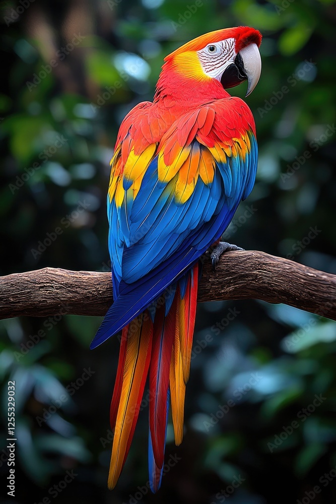 Obraz premium Scarlet Macaw Perched on Branch Amidst Lush Greenery