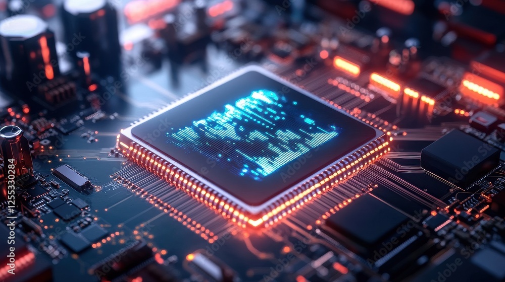 Fototapeta premium Quantum Processor Glowing with Swirling Data Projection