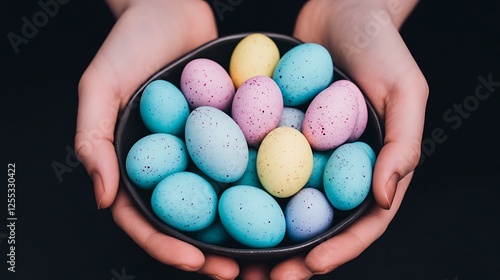 Hands Holding Bowl Filled with Speckled Easter Eggs Celebrating Spring Holiday Traditions photo