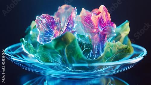 breakfast with glowing, colorful eggs and floating toast served on a sleek, minimalistic plate  photo