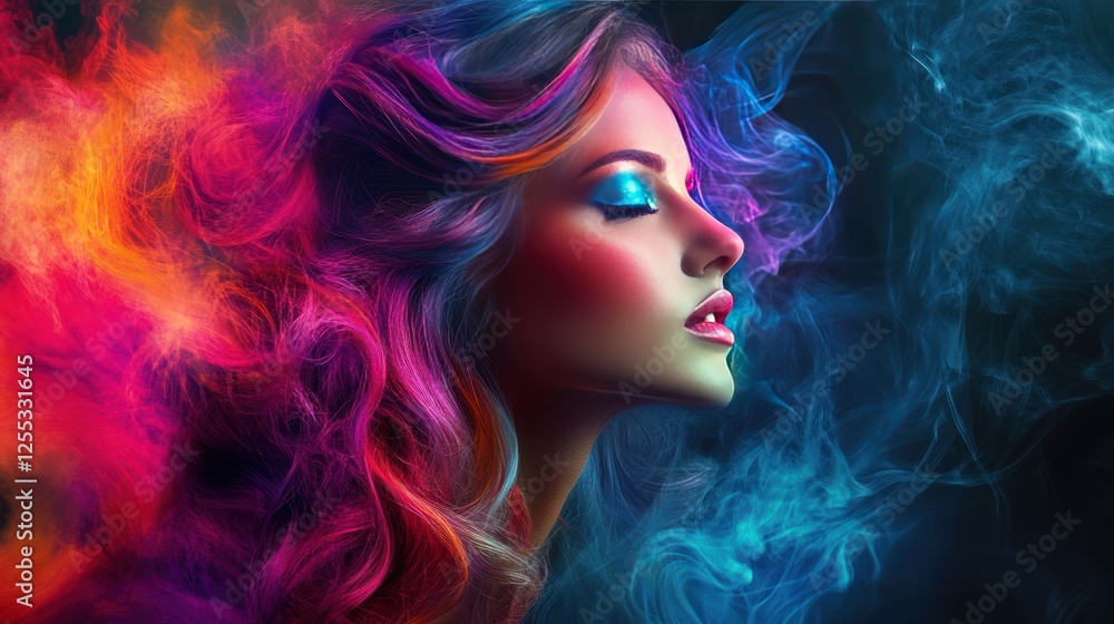 A beautiful woman with colorful smoke flowing around her, vibrant colors on a black background, and hair in big, beautiful curls A beautiful woman with colorful smoke flowing around her, vibrant colors on a black background, and hair in big, beautiful curls