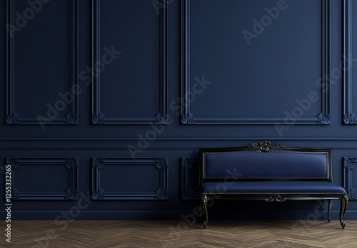 Dark blue wall with paneling, wooden floor, and a long bench. Minimalist interior design of a modern living room.  photo