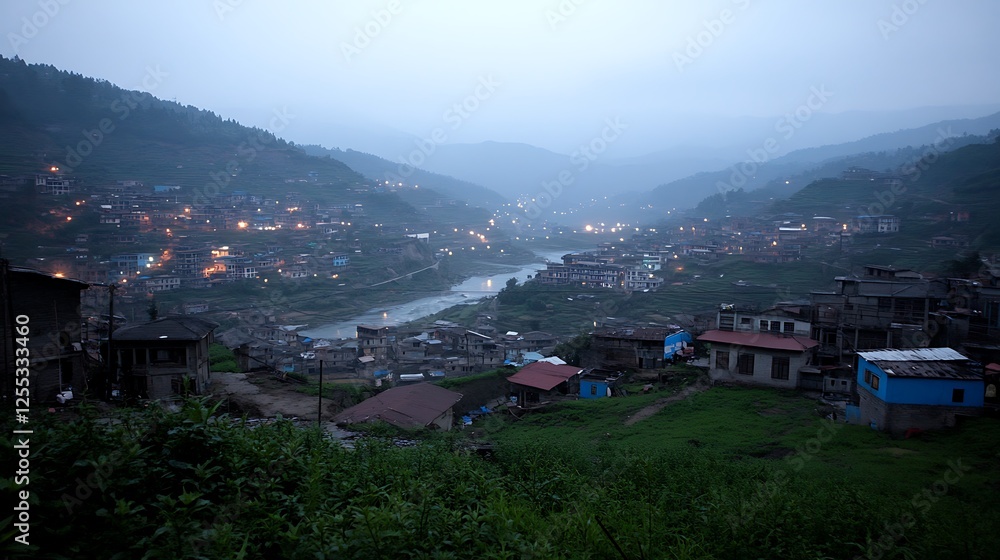 Mountain Village Evening Light and Flowing River Under Hazy Sky Calm Scene at Dusk Mountainous Region