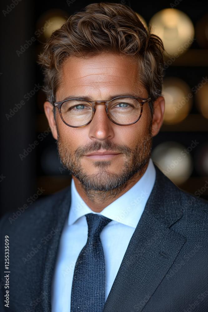 A close-up portrait of a well-dressed man in a suit, wearing glasses, with a confident expression. A close-up portrait of a well-dressed man in a suit, wearing glasses, with a confident expression.