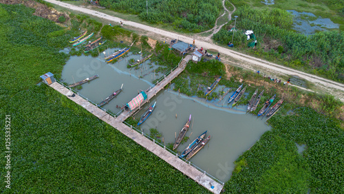 Aerial view of boat docks along Limboto lake, Gorontalo province, Indonesia  photo