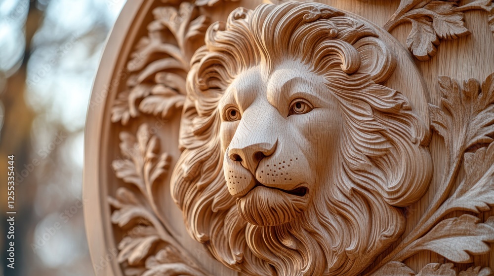 Fototapeta premium Intricate wooden lion carving outdoors, autumn