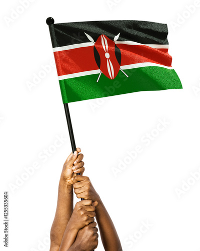 Εκτύπωση καμβά Many different group black African hands holding lifting raising kenyan national flag isolated over white background